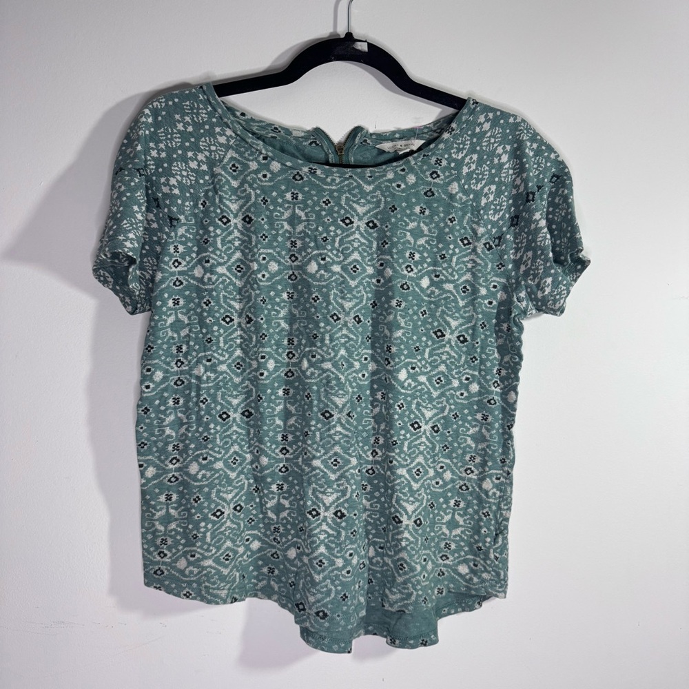 Lucky Brand Boho Print Top Medium Green Cotton Modal Short Sleeve Tee